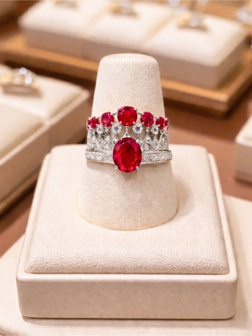 Crown-Style Women’s Ring with Red Gemstones